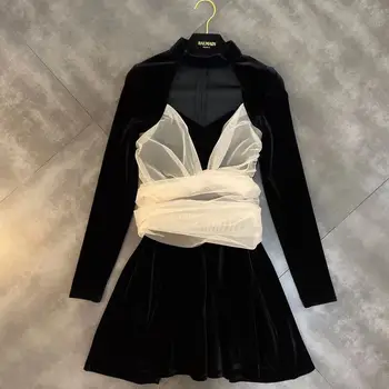 

Zanzea Real A-line Full Empire Vestido Longo Ukraine 2020 Spring New Stitching Waist Woman Sexy Chest Hollow Velvet Dress Women