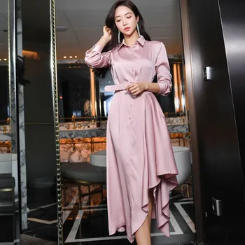

Pink Office OL casual Lady Dress 2020 Autumn High Waist Decorative Belt satins Shirt Dress Temperament Elegant Party Dress Women