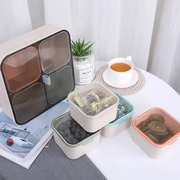 

Wheat Straw Candy Storage Box Square With Lid Snack Case Plastic Desktop Decoration Storage Platter Wedding Fruit Plate 4 Grid