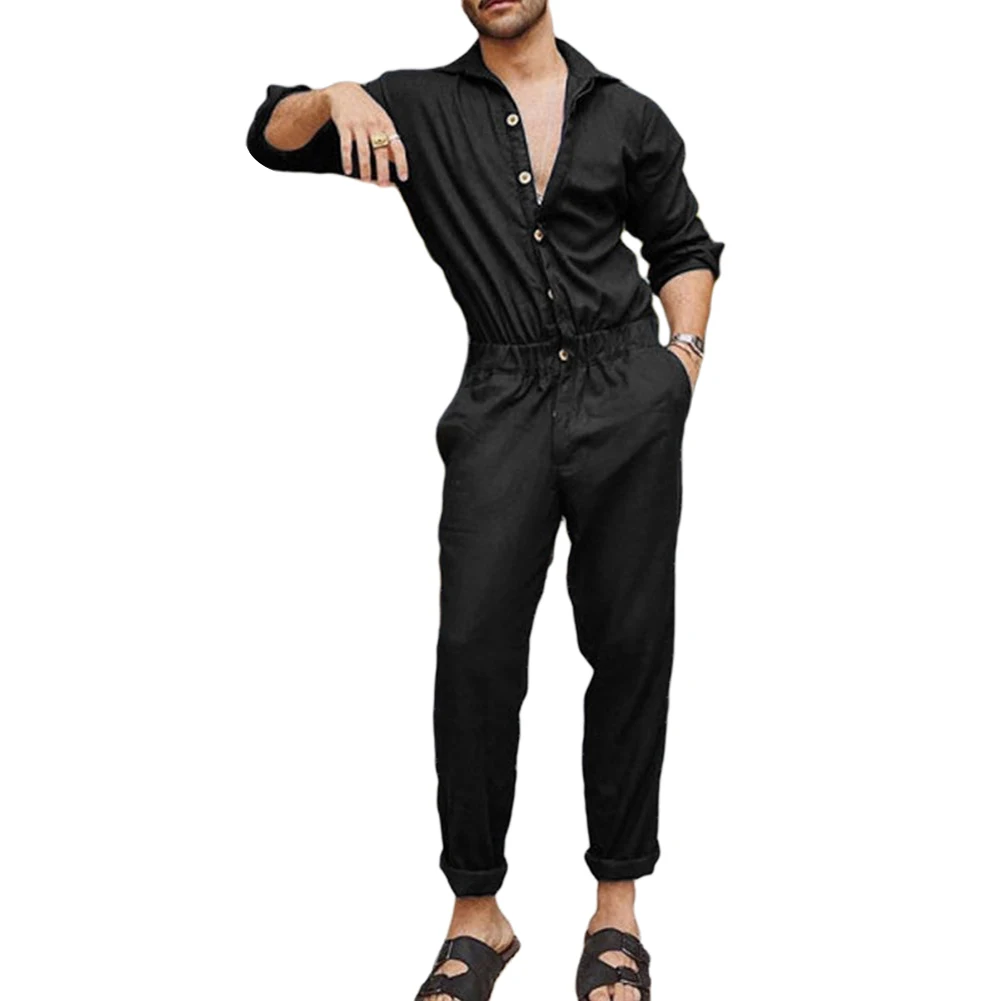 Men&rsquo; s Overalls Long Pants Fashion Casual Button Jumpsuit Solid Color Turn-Down Collar Long Sleeve Playsuits Romper for Male