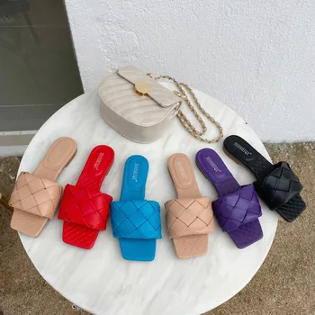 

2020 Brand Slippers Weave Leather Women Sandal Open Toe Flat Casual Slides Summer Outdoor Beach Female Flip Flops Beach Shoes