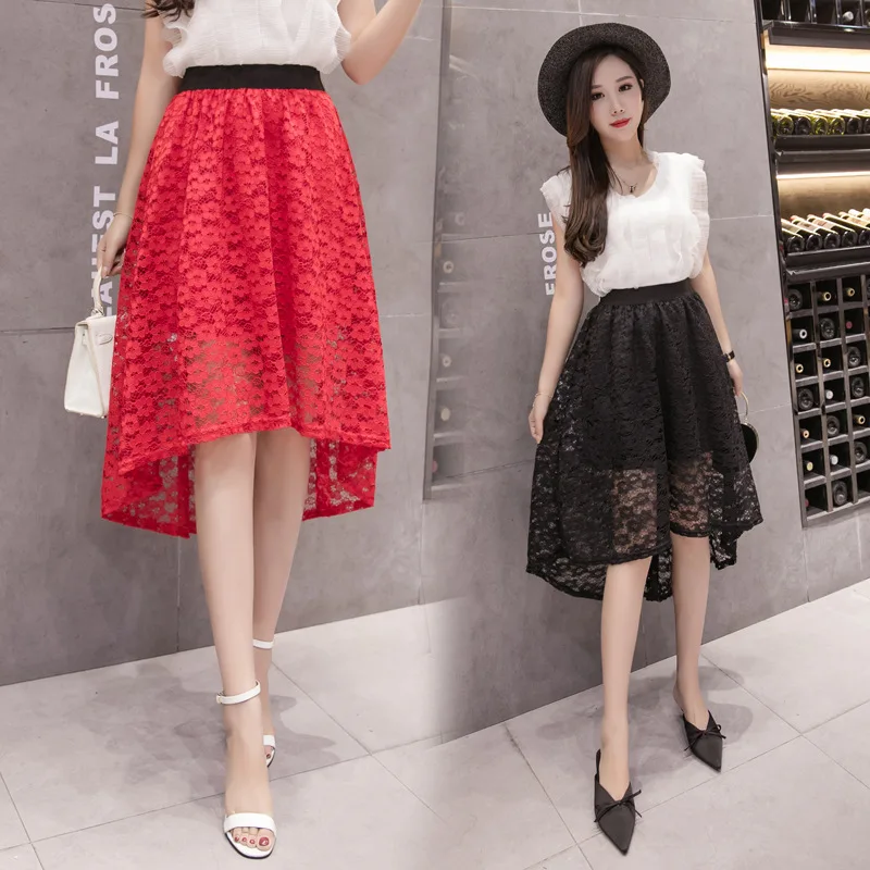 

2019 Summer New Style Korean-style Skirt Fashion Students Black And White with Pattern Irregular A- line Puffy Lace Dress