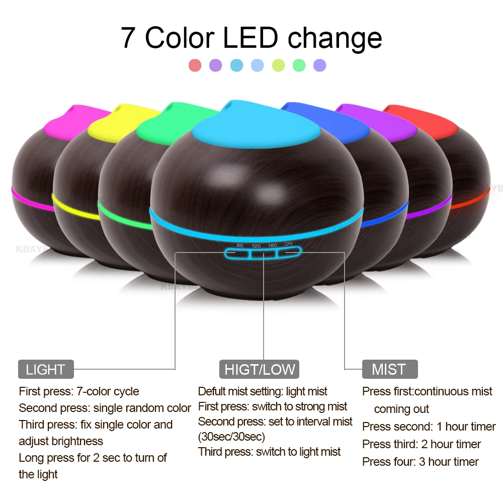 KBAYBO 200ML Air humidifier ultrasonic electric aromatherapy essential oil purification diffuser with 7 colors LED lights