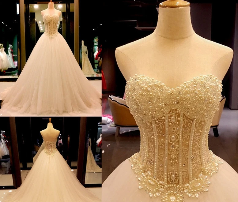 

vestido de noiva sereia branco 2020 abiti da sposa Illusion Back Sweetheart Pearls Crystal Wedding Dresses New Bridal Gowns