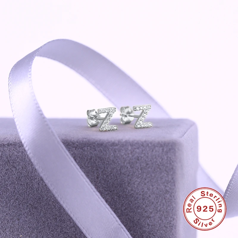 CANNER Small 925 Sterling Silver Alphabet Stud Earrings for Women Exquisite Zircon Cartilage Piercing 26 Letter Earings Jewelry