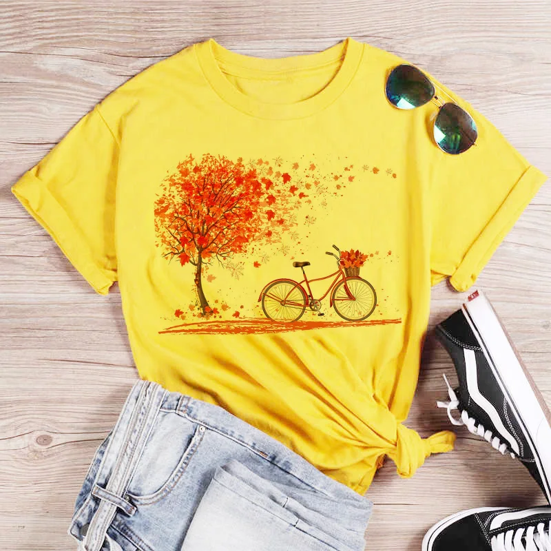 Pink T Shirt Women Beautiful Scenery Bicycle Vogue Casual Tshirt Harajuku Korean Style Graphic Tops Kawaii Short Sleeve T-shirt