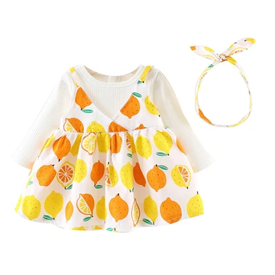 Infant Baby Girls Princess Dress Cute Lemon Print Newborns Long Sleeve Bow Fake Two-Piece Sling Dresses+ Headband Set 6-24M A20 - Цвет: Цвет: желтый