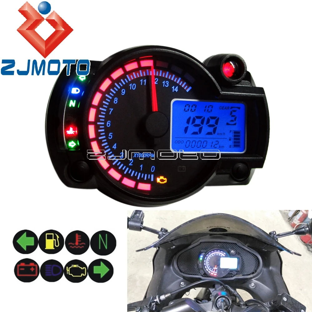 Universal Motorcycle LED LCD Digital Tachometer Speedometer Odometer Gauge Black