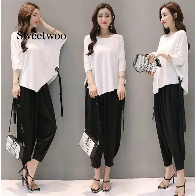 Women's summer new two pieces set Women loose casual tops + vintage lantern pants suit set stretch sweatshirt suit