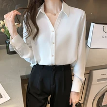 

2021 Autumn Women's Satin Shirts Long Sleeve Chiffon Ladies Tops Fashion V-Neck White Blouses Shirt Button Chiffon Women Clothes