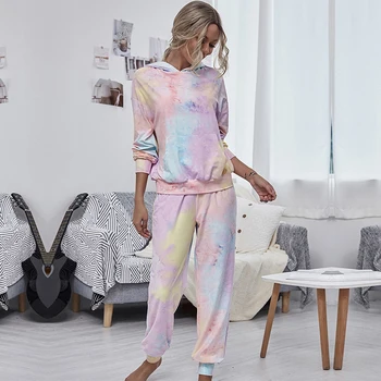 

2020 New Tie Dye Hoodies Set Women Casual Pullover Hooded Full Length Pant Set Female Office Lady