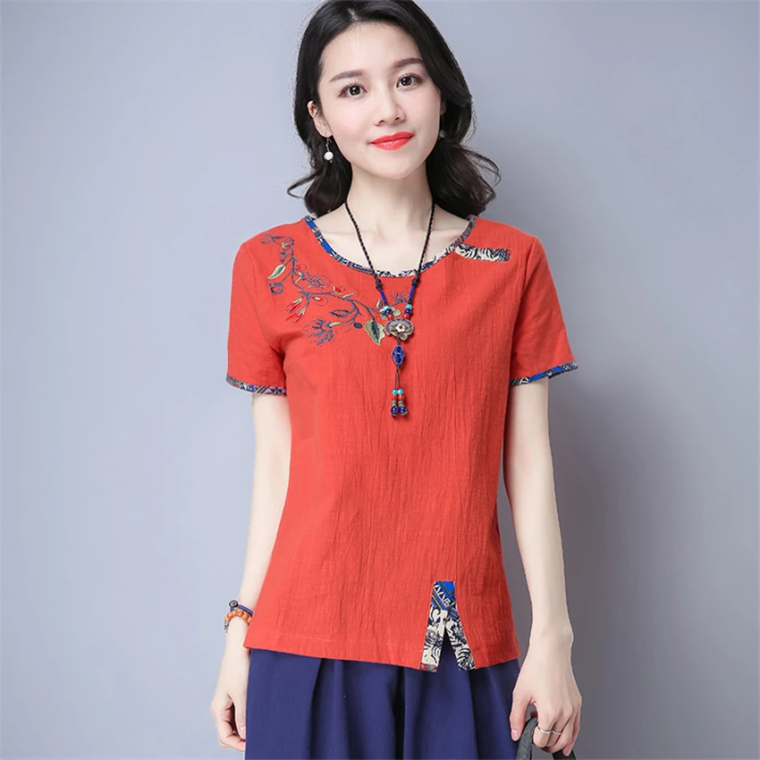 M-4XL, китайские Топы для женщин, летние традиционные китайские рубашки с вышивкой, свободные рубашки с коротким рукавом размера плюс, винтажные блузки