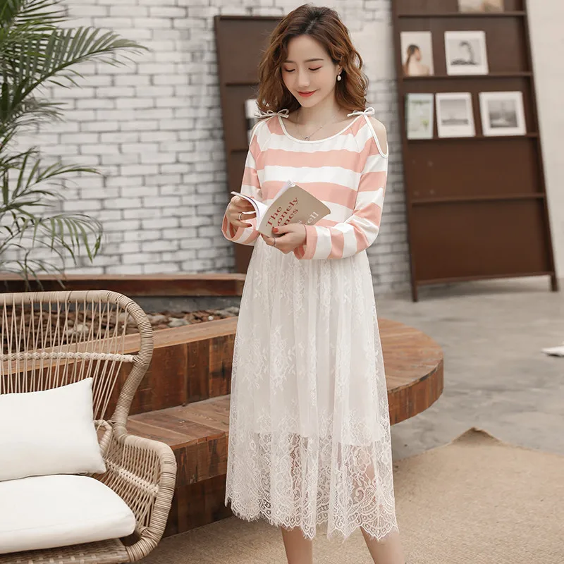 

2019 Spring New Style Fashion Loose Slimming High-waisted Mock Two-Piece Lace Maternity Dress