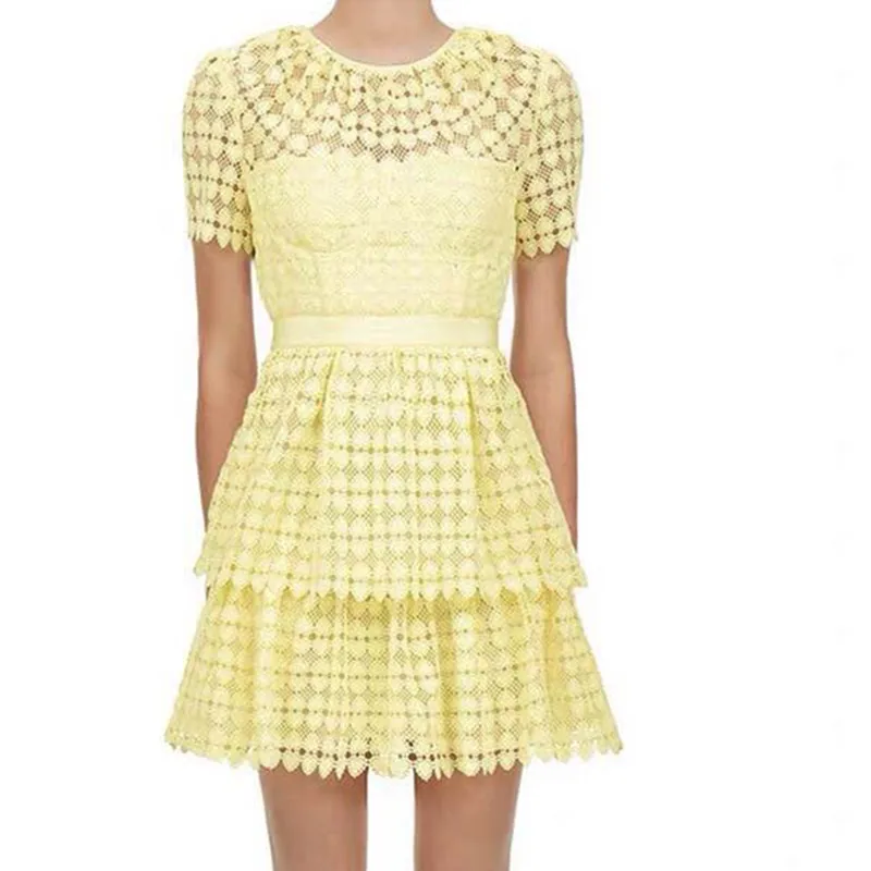 SMTHMA 2022 New Arrival Summer Yellow Dress Women Short Sleeve Lace Slim Hollow Out Female Mini Dresses Vestidos | Женская одежда