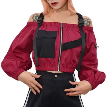 

2020 New Women Sexy One Word Collar Off-shoulder Slim Solid Color Zipper Long Sleeve Tops