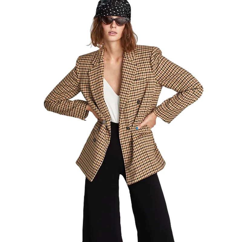 

Fashion Women Blazers 2019 New Checkered Double-breasted Blazer Long Sleeve V-neck Boho Women Clothing Blazer Feminino Harajuku