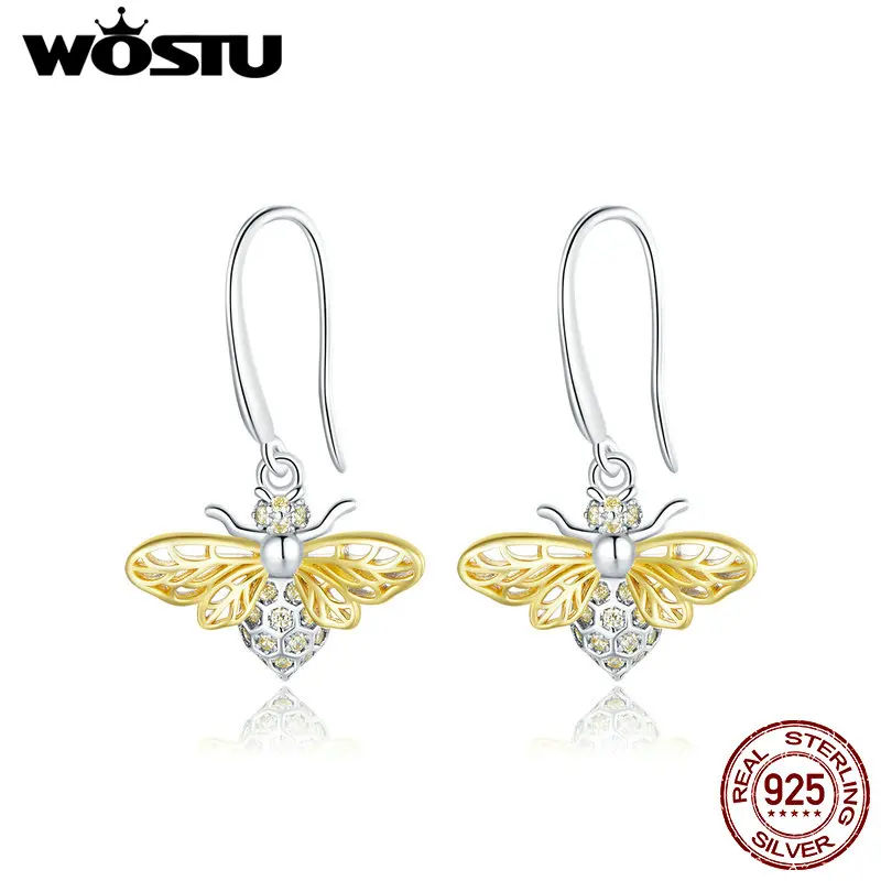 WOSTU Bee Drop Earrings 925 Sterling Silver Shiny Zircon Hollow Design Dangle For Women Orginal Jewelry CTE452 | Украшения и