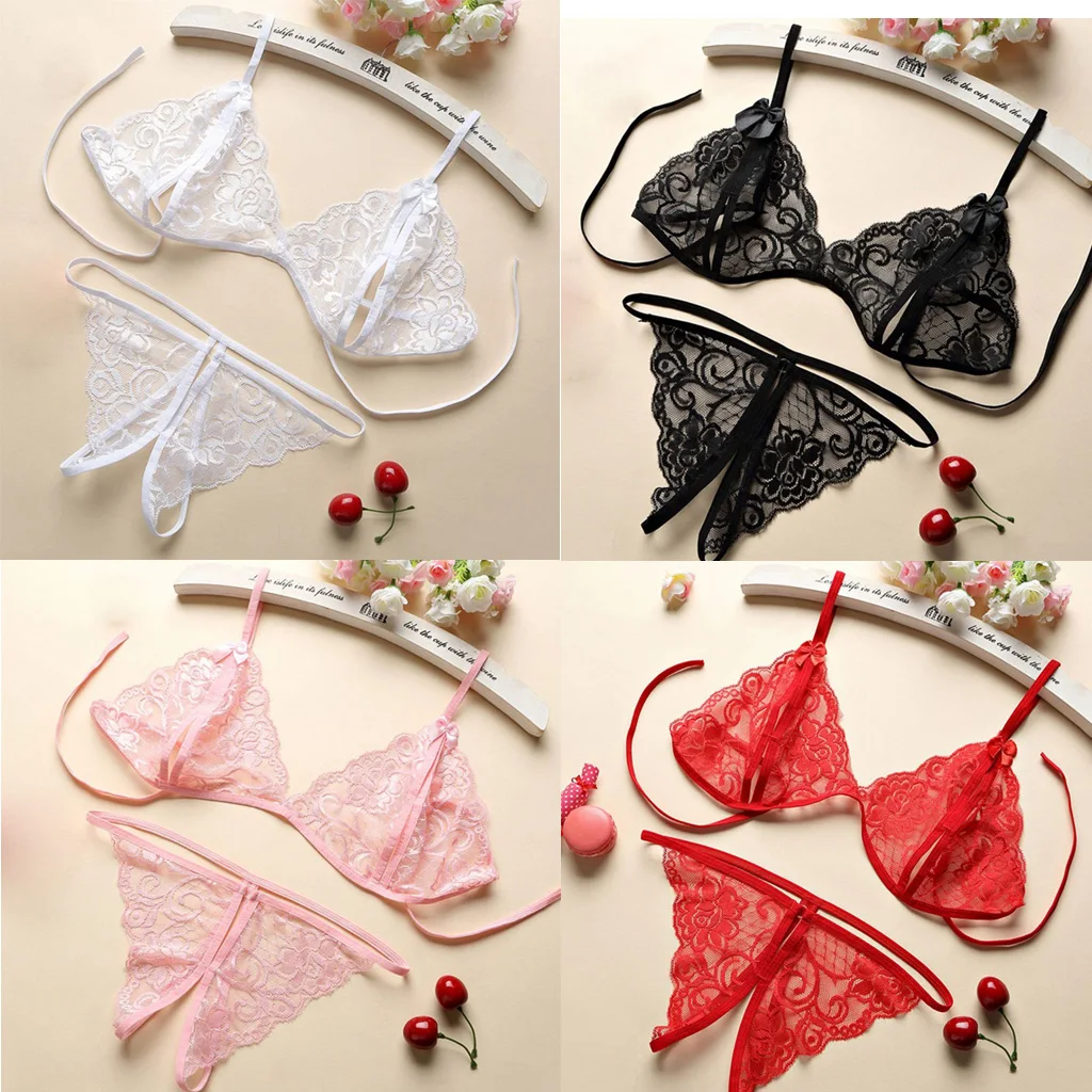 

Sexy Lingerie Set Women Lace Strappy Push Up Wire Free Bra Open Thong Panty
