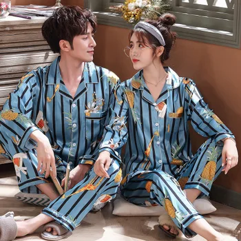 

Spring New Men's Simulated Silk Home Wear 2 Pieces Set Silk Casual Print Women's Long Sleeve Couple Pajamas Set