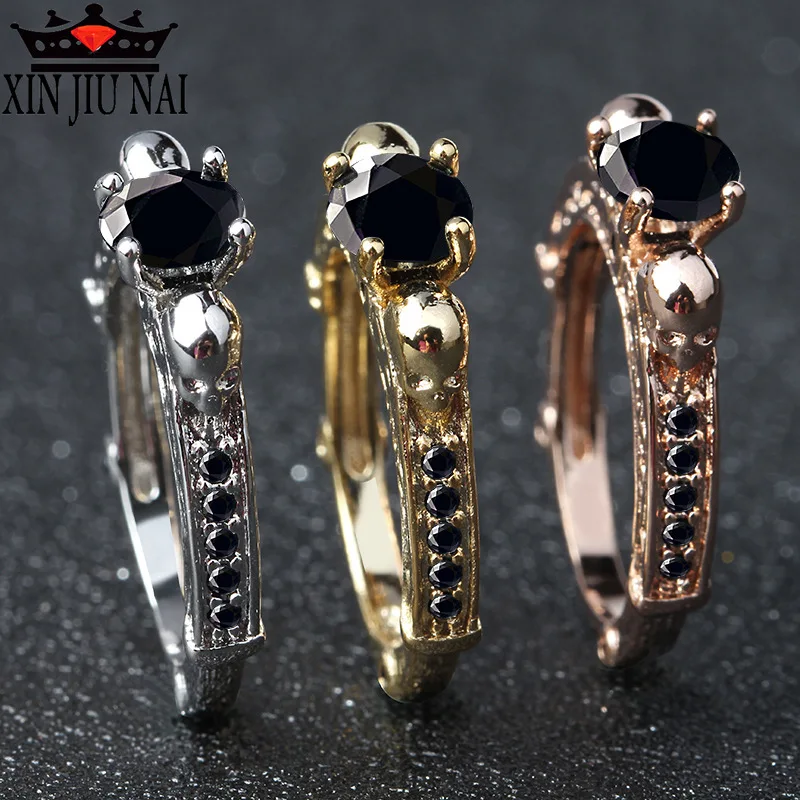 Three colors retro neo-gothic style 18K rose gold skull black agate female full diamond ring witch ceremony party women jewelry | Украшения