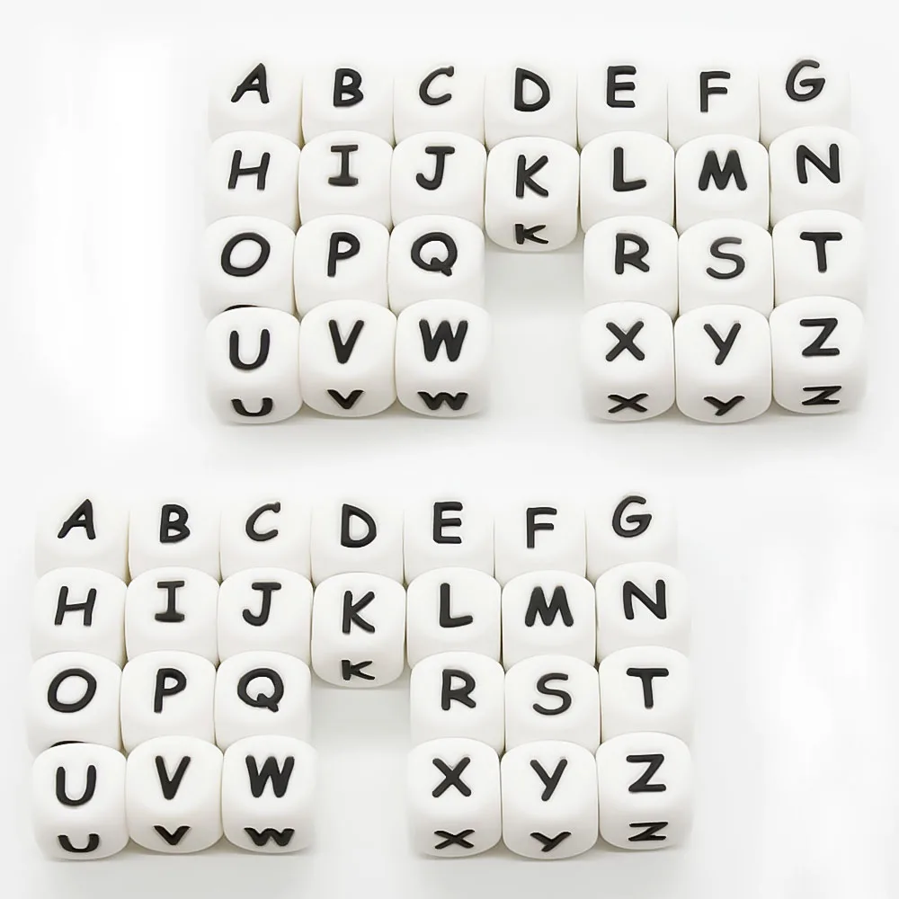 

Cute-idea 100Pcs Silicone Letter Beads Baby Teether Bead For Any Name Pacifier Chain 12MM Alphabet Beads Necklace Teething Toys