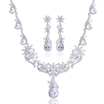 

WHITE GOLD COLOR SPARKLING FLOWER CHAIN BIG WATER DROP PENDANT WOMEN WEDDING CUBIC ZIRCONIA JEWELRY SETS FOR BRIDES ACCESSORIES