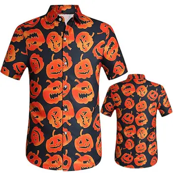 

Men Halloween Pumpkin Print Short Sleeve Turn Down Neck Button Shirt Blouse Top