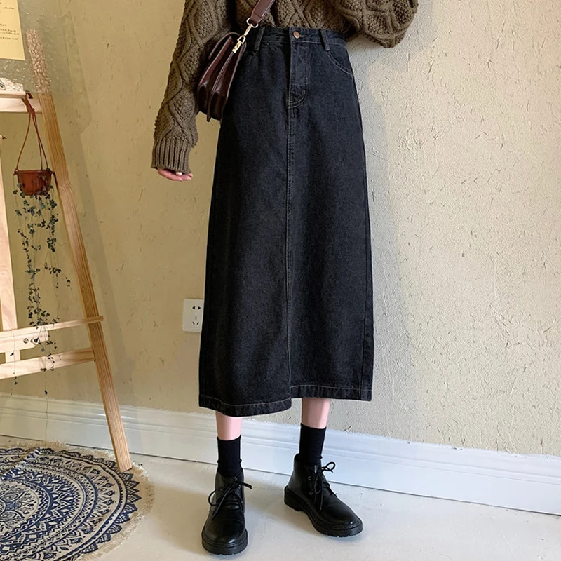 Women's Vintage High Waist Denim Skirt Autumn Winter New Korean Loose Wild A-line Mid-Calf Skirt Women's Long Skirt ML242