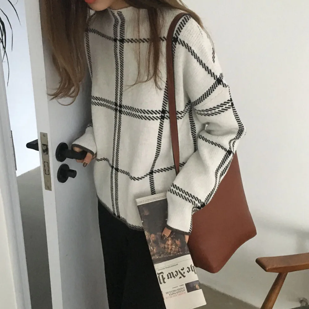 Plaid Knitted Sweater Women Autumn Long Sleeve Half Turtleneck Korean Retro Pullover Jumper Causal Female Tops Oversize Knitwear
