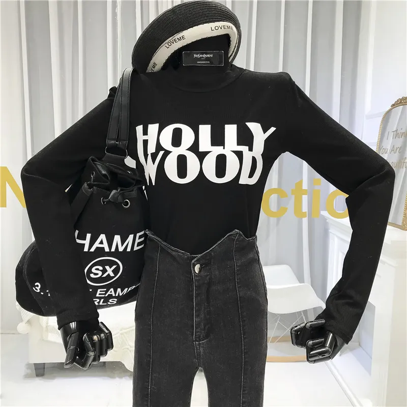 Holly wood, женские рубашки, тонкая футболка, женская уличная одежда с круглым вырезом и буквенным принтом, корейская мода,, srping, длинный рукав