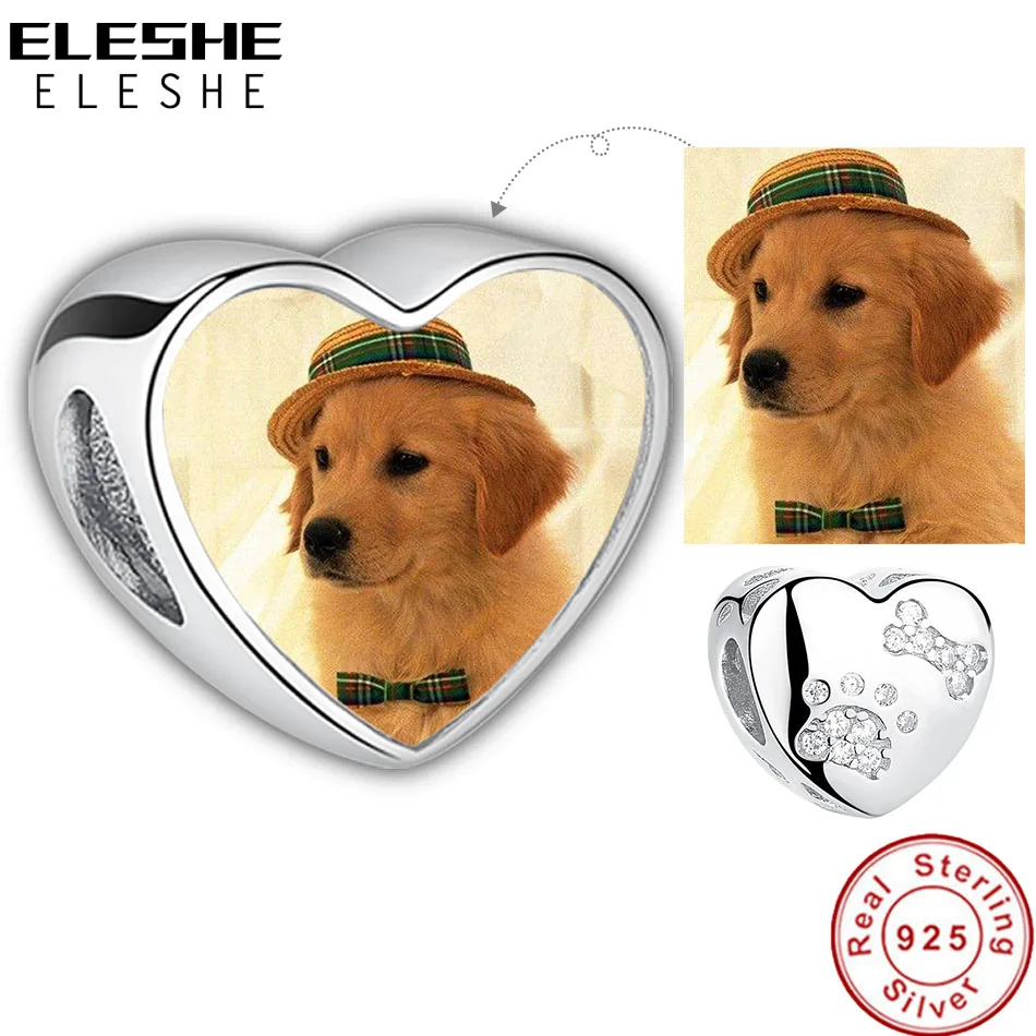 

ELESHE DIY Personalized Jewelry 925 Sterling Silver Paw Print Heart Charms Custom Photo Beads Fit Original Bracelet Necklace