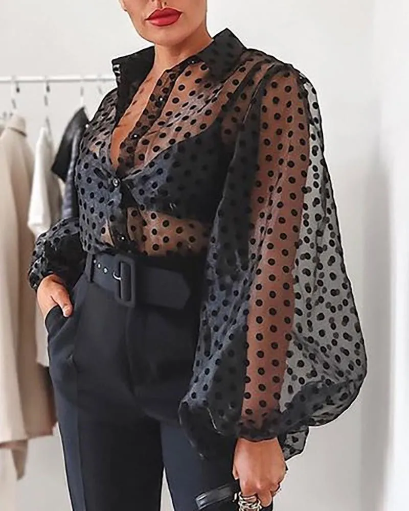 

Women Polka Dot Retro Blouse Lady Early Autumn Modern Mesh Shirt Vogue See-through Loose Button Puff Sleeve Blouse High Street