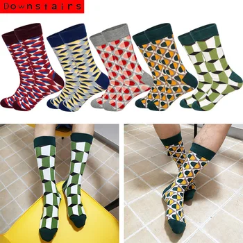 

Downstairs 5pairs/lot Men's Socks Classical Lattice Striped Gifts for Men Cotton Streetwear Crew Happy Socks Meia Masculina