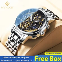 

WISHDOIT Original Watch for Men's Waterproof Stainless Steel Quartz Analog Fashion Business Sun Moon Star Wristwatches Top Brand