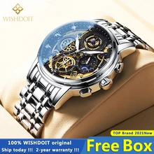 WISHDOIT Original Watch for Men's Waterproof Stainless Steel Quartz Analog Fashion Business Sun Moon Star Wristwatches Top Brand