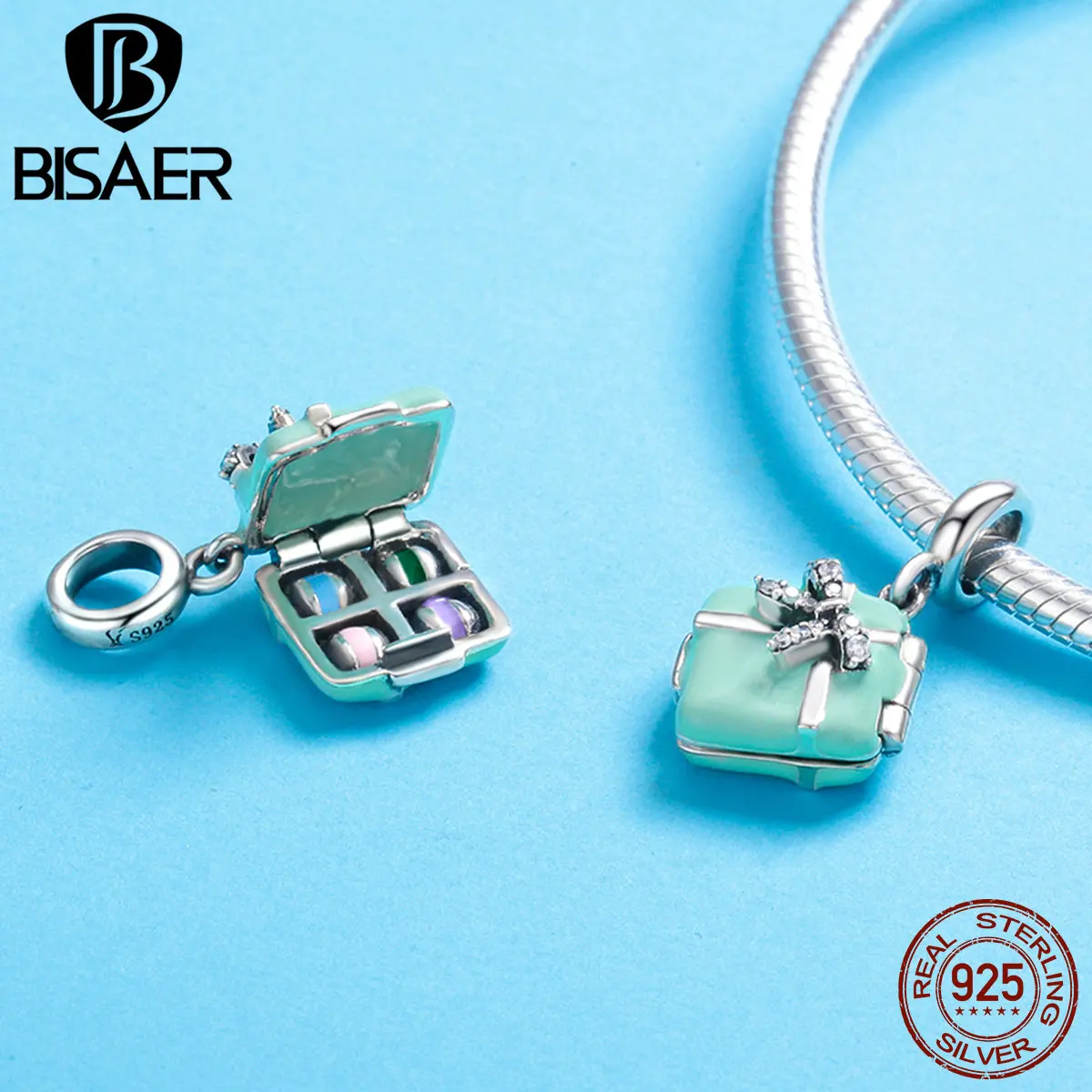 Подвеска BISAER, Подлинная, 925 пробы, серебряная, зеленая, эмалированная, Подарочная коробка, подвеска в виде макаруна, шарм, подходит для женщин, серебряный браслет GXC663