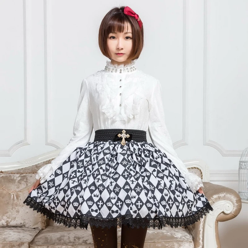Милые Юбки принцессы в стиле Лолиты; Японская оригинальная черно-белая юбка с крестиком для повседневной носки; Милая юбка принцессы с поясом; GZWY006