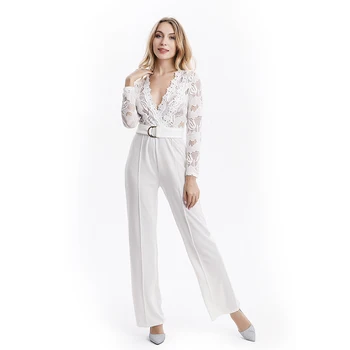 

Autumn Deep V Neck Sashes Jumpsuit Women Sexy Office Lady Lace Patchwork Long Pants Jumpsuits Long Sleeve Casual Overalls