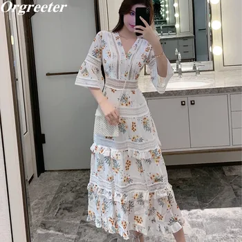 

2020 Spring Summer Fashion Female V-neck Half flared sleeves Lace Ruffle Trim Cake Hollow out Floral Print Chiffon Long Dress