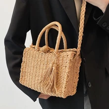 

Bohemia Woven Box Straw Bags for Women Handbag Boho Tassel Braided Shoulder Crossbody Bag Travel Rattan Clutch Purse Beach Bag