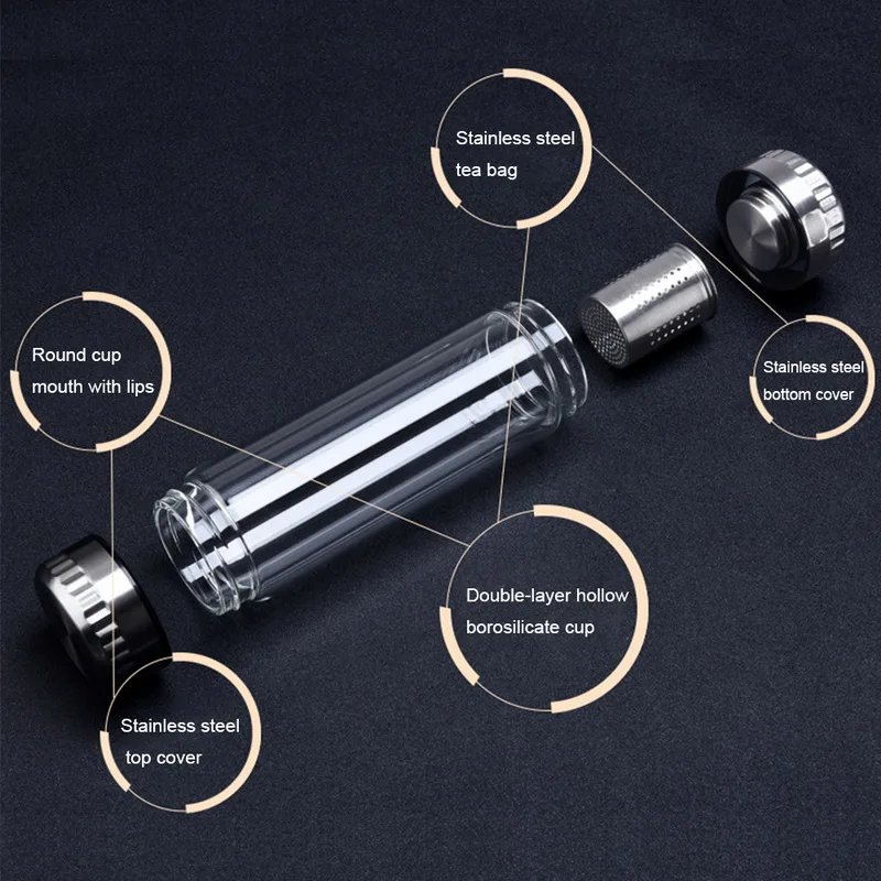 300/400ML Glass Water Bottle With Stainless Steel Tea Infuser Filter Business Type Double Wall Tea Tumbler With Cleaning Brush