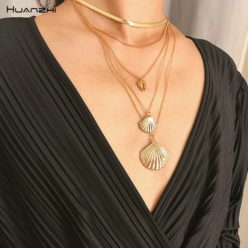 

HUANZHI 2019 New Shell Conch Pendant Rhinestone Spar Multi-layer Metal Necklace for Women Girls Party Vacation Beach Jewelry