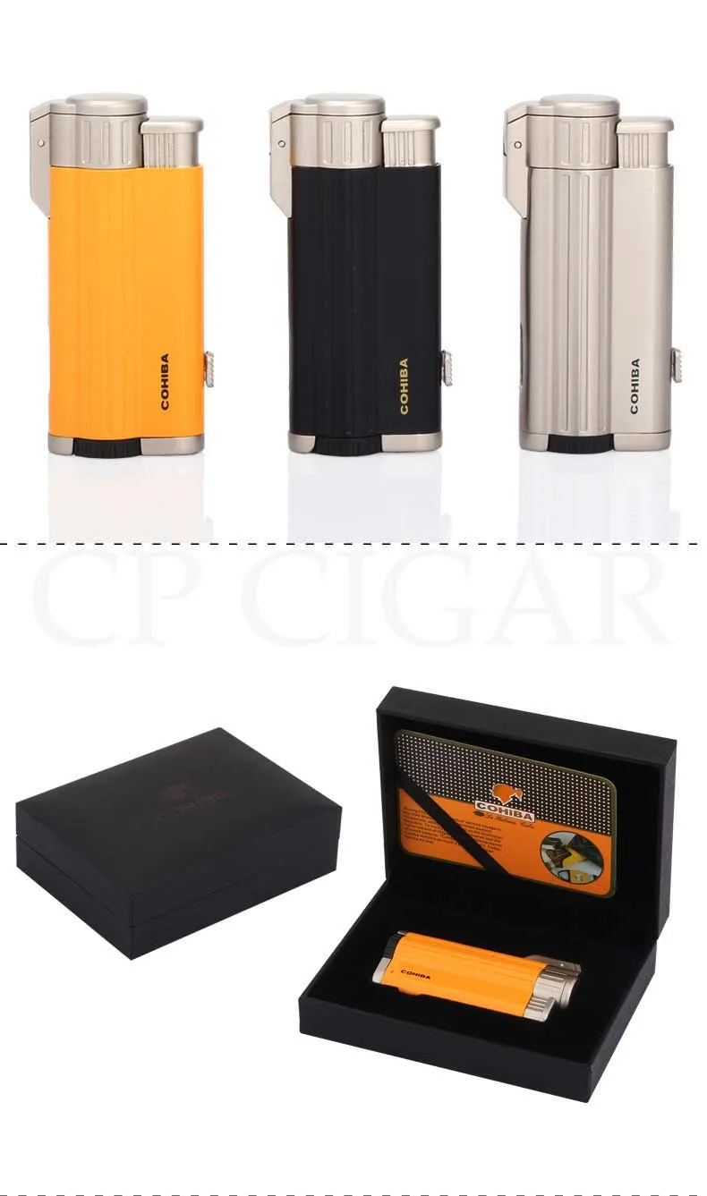 COHIBA факел зажигалка бутан металлическая коробка для сигар Зажигалки 3 Jet ветрозащитная Зажигалка карманные аксессуары для сигар W/сигары удар