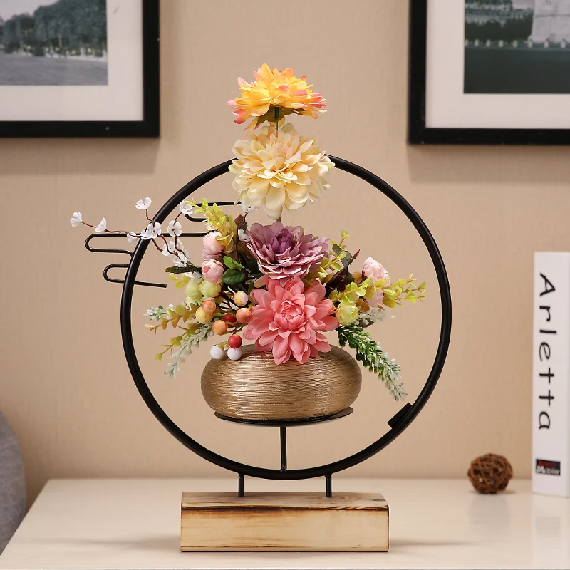 Chinese Ceramic Vase+Simulation Flower Ornaments Arrangement Home Furnishing Crafts Office Desktop Metal Figurines Decoration
