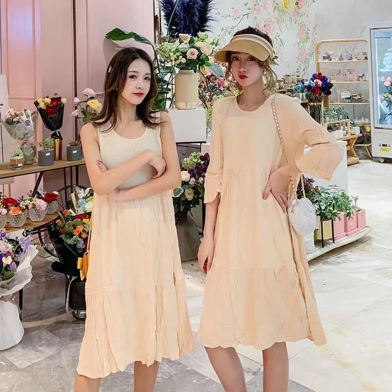 

2019 Summer New Style Loose-Fit Mid-length Best Friend-Vacation Style Short Sleeve Pregnant Women Dress Sleeveless Long Sleeve D
