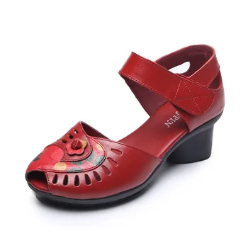 

Spring Summer Women Sandals Chunky Block Thick Heels Flower Print Genuine Leather Round Toe Casual Office Slip-on Ladies Shoes