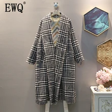 [EWQ] осенне-зимнее Новое клетчатое винтажное шерстяное пальто с v-образным вырезом и длинными рукавами, на одной пуговице, AH75501