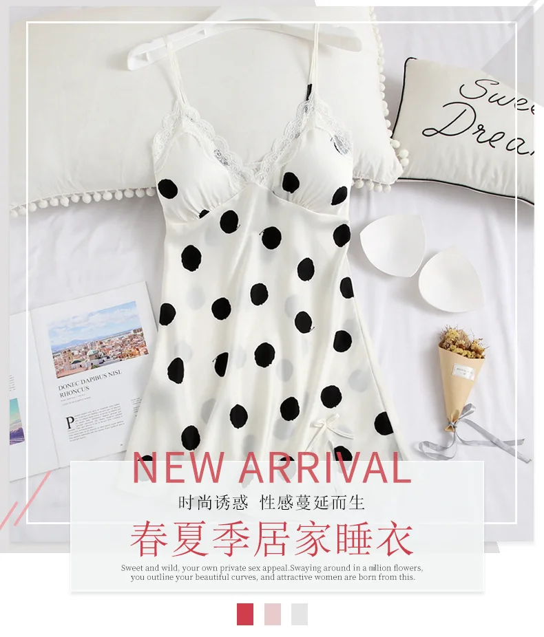 Women's-Strapped Dress Summer Viscose Thin Polka Dot Nightgown with Chest Pad Sexy Nightgown Tracksuit
