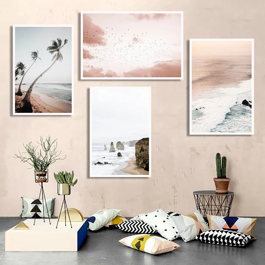 seascape-palm-tree-beach-pink-sky-bird-photography-artist-home-frameless-printing-modern-living-room-decoration