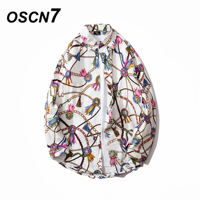 

OSCN7 Casual Printed Long Sleeve Shirt Men High High Streetwear 2019 Fall Women Shirt Long Shirts Harujuku Mens Shirt 507
